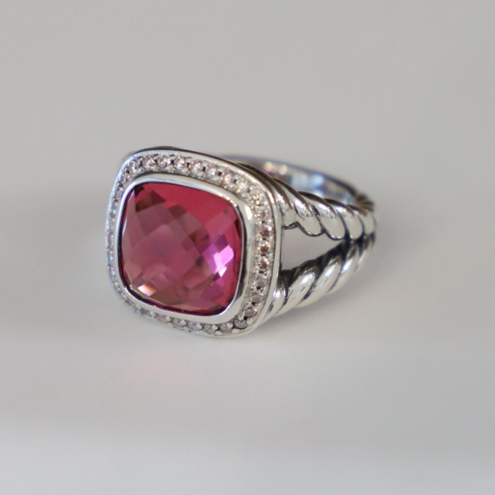 David Yurman Sterling Silver 11mm Albion Ring Tourmaline with Diamonds size 8